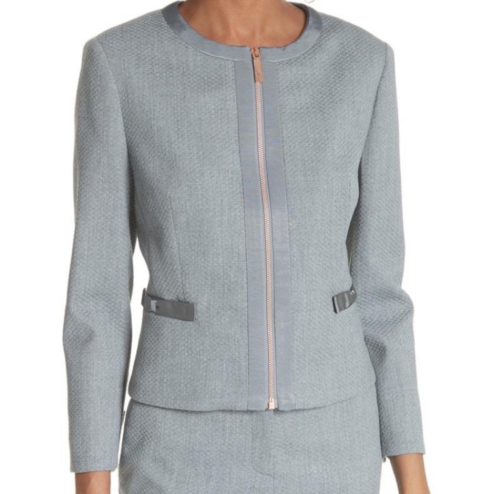 Ted Baker Gray Nadae Bow Detail Crop Jacket Zip Front Quiet Luxury Classic Sz 4 - Picture 2 of 16